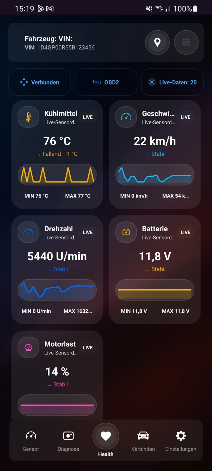 DiagnostiX OBD2 Live-Daten auf einem Smartphone